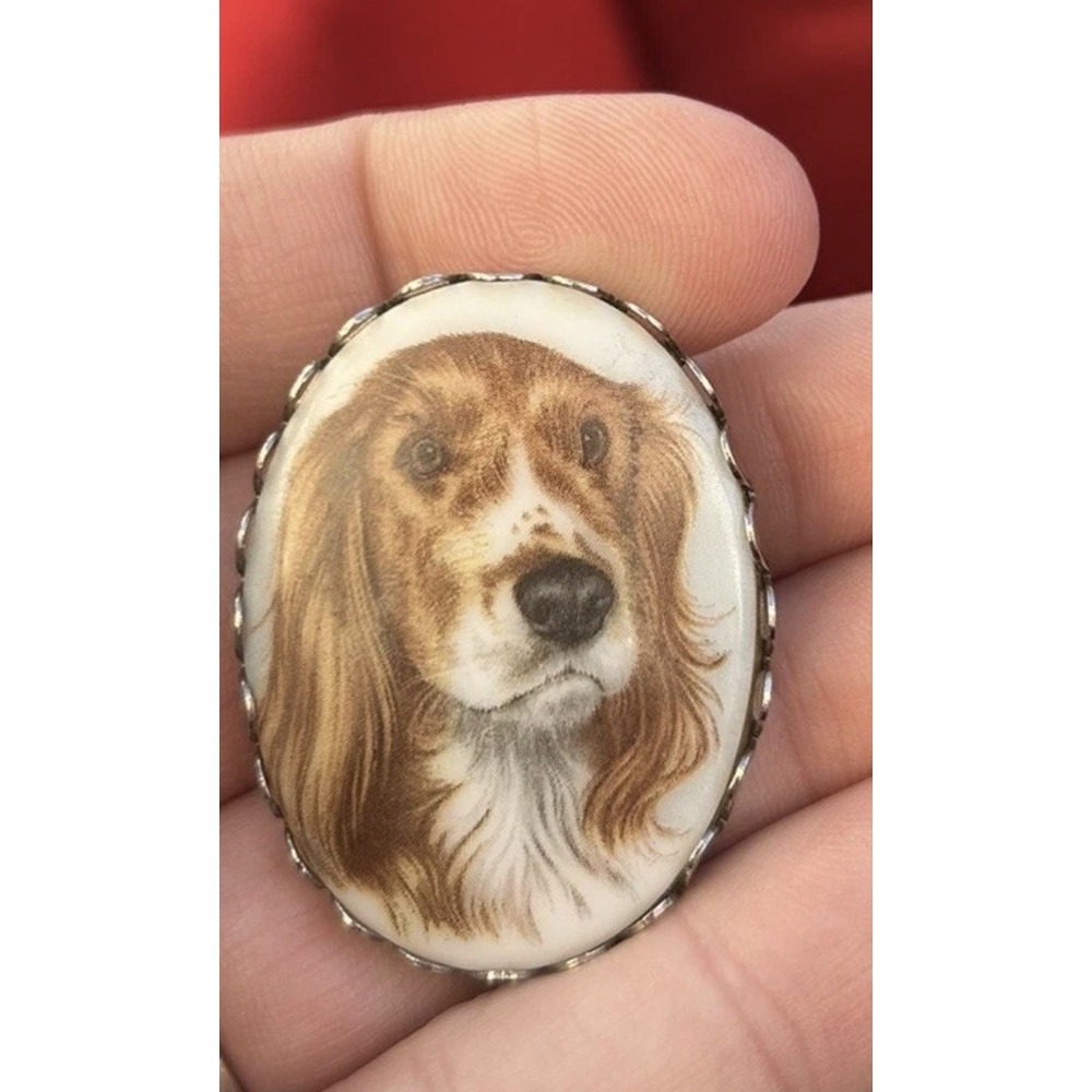 Vintage China or Porcelain Transfer Oval Pin Brooch Spaniel Hound Beagle NWOT‎ - Picture 14 of 15